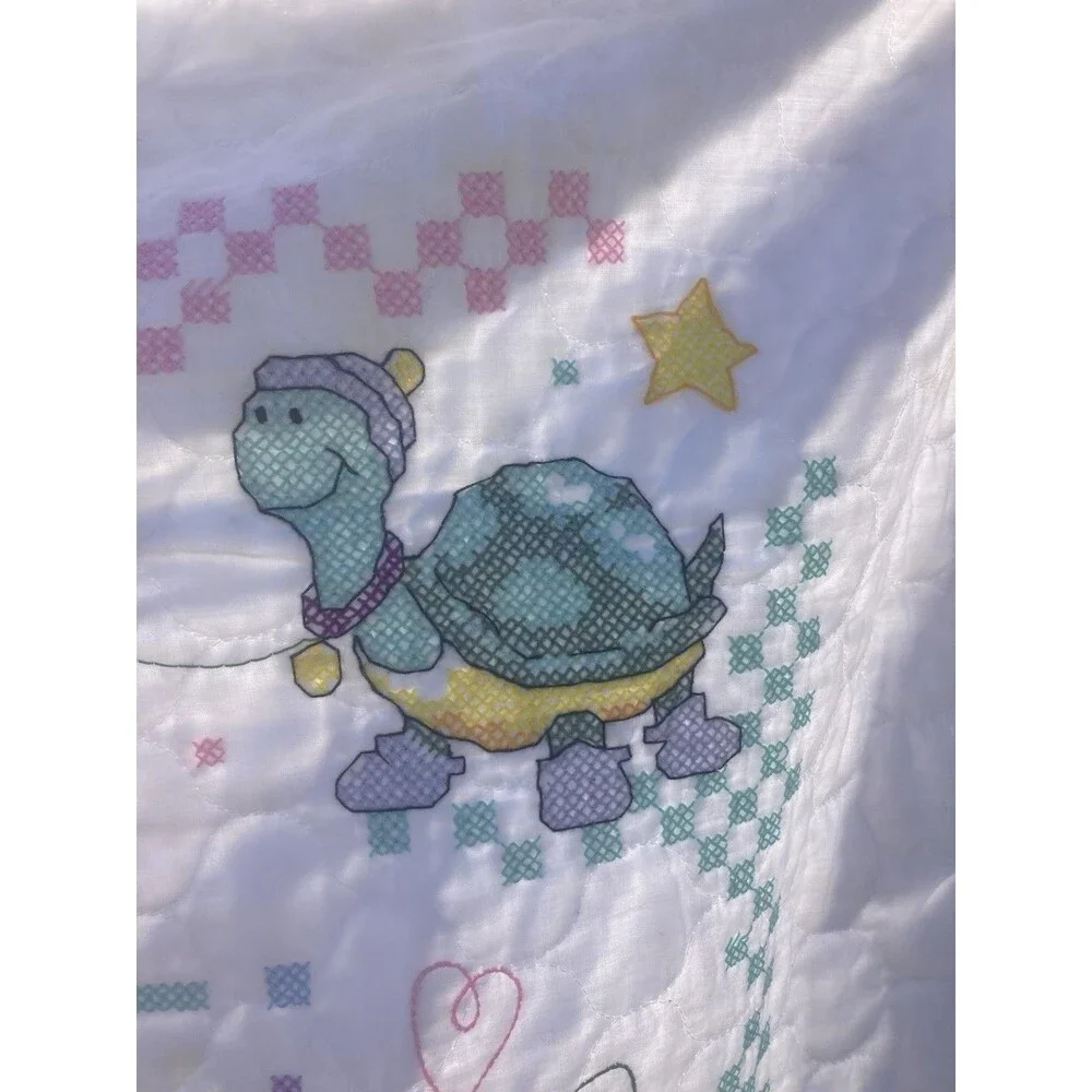 Vintage Cross Stitch Baby Crib Blanket Quilt Cute or What? Handmade 32